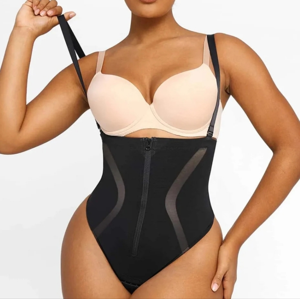 Black High-Cut Shapewear Bodysuit with Adjustable Straps